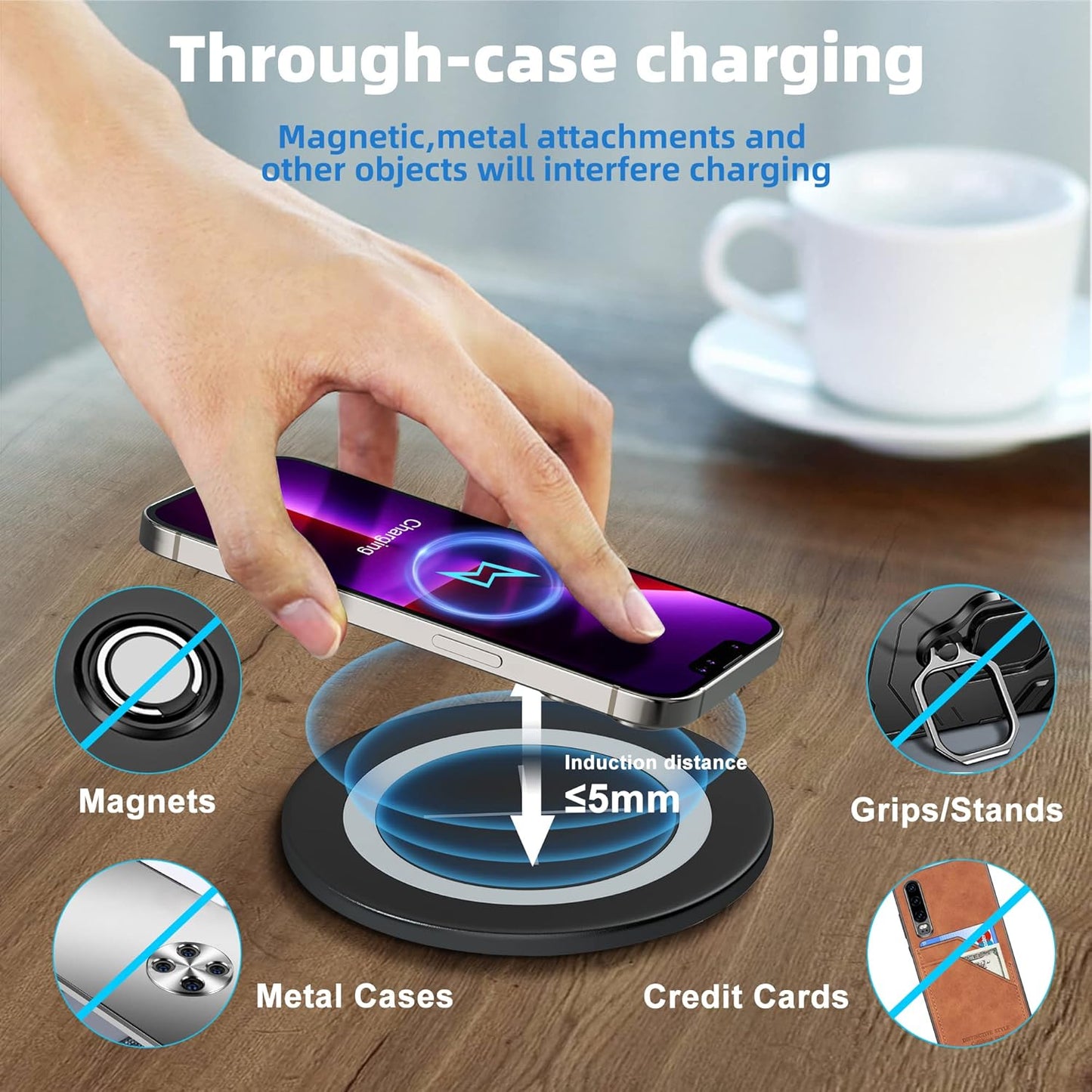 Desk Wireless Charger,  Desktop Grommet Power Wireless Charging Pad, for Iphone 16/15/14/13/12 Series, Samsung, Airpods and All Phones with Wireless Charging (Black)